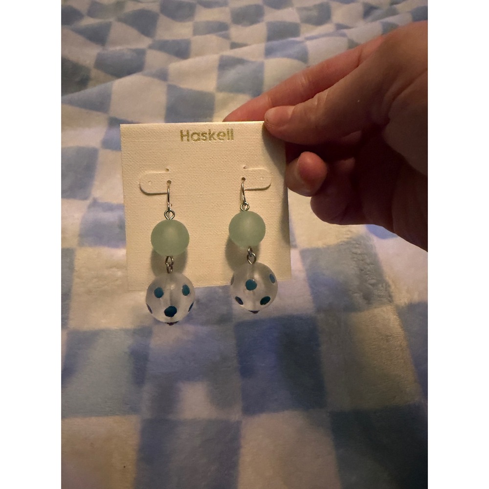 Haskell Frosted Glass Polka Dot Drop Earrings Blue Green Mint Dangle Boho Retro